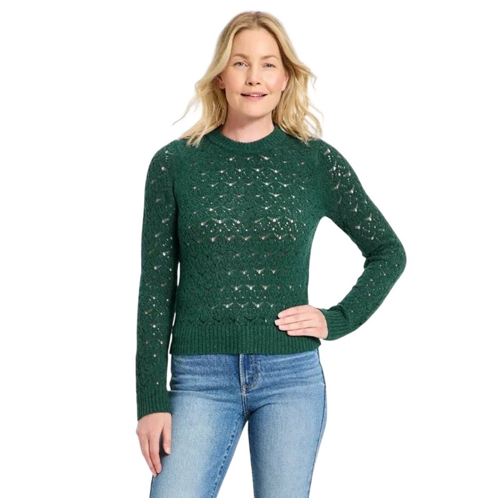 Universal Thread Women's Green Pointelle Knit Long Sleeve Sweater Size S